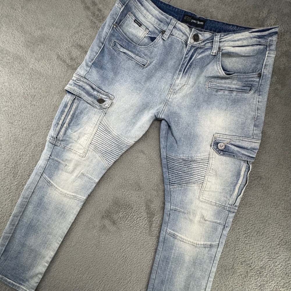 PF Phat Farm Mens Light Wash Denim Cargo Jeans 34W x 30L Moto Ribbed Slim‎ Fit
